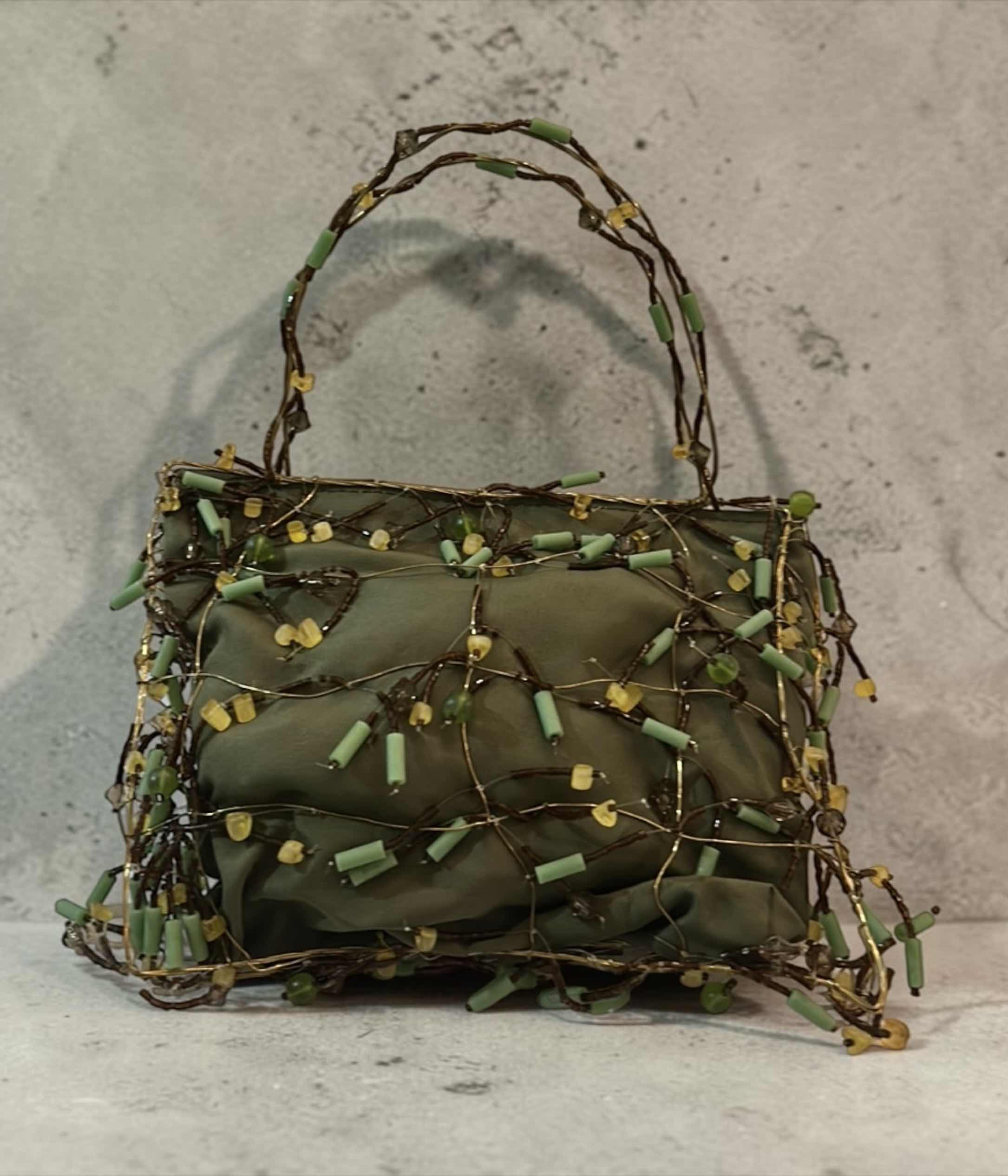 Photo 1 of RARE VINTAGE HANDCRAFTED WIRE AND SILK MINAUDIERE HANDBAG, RESEMBLING BOTEGA VENETA- NOT AUTHENTICATED