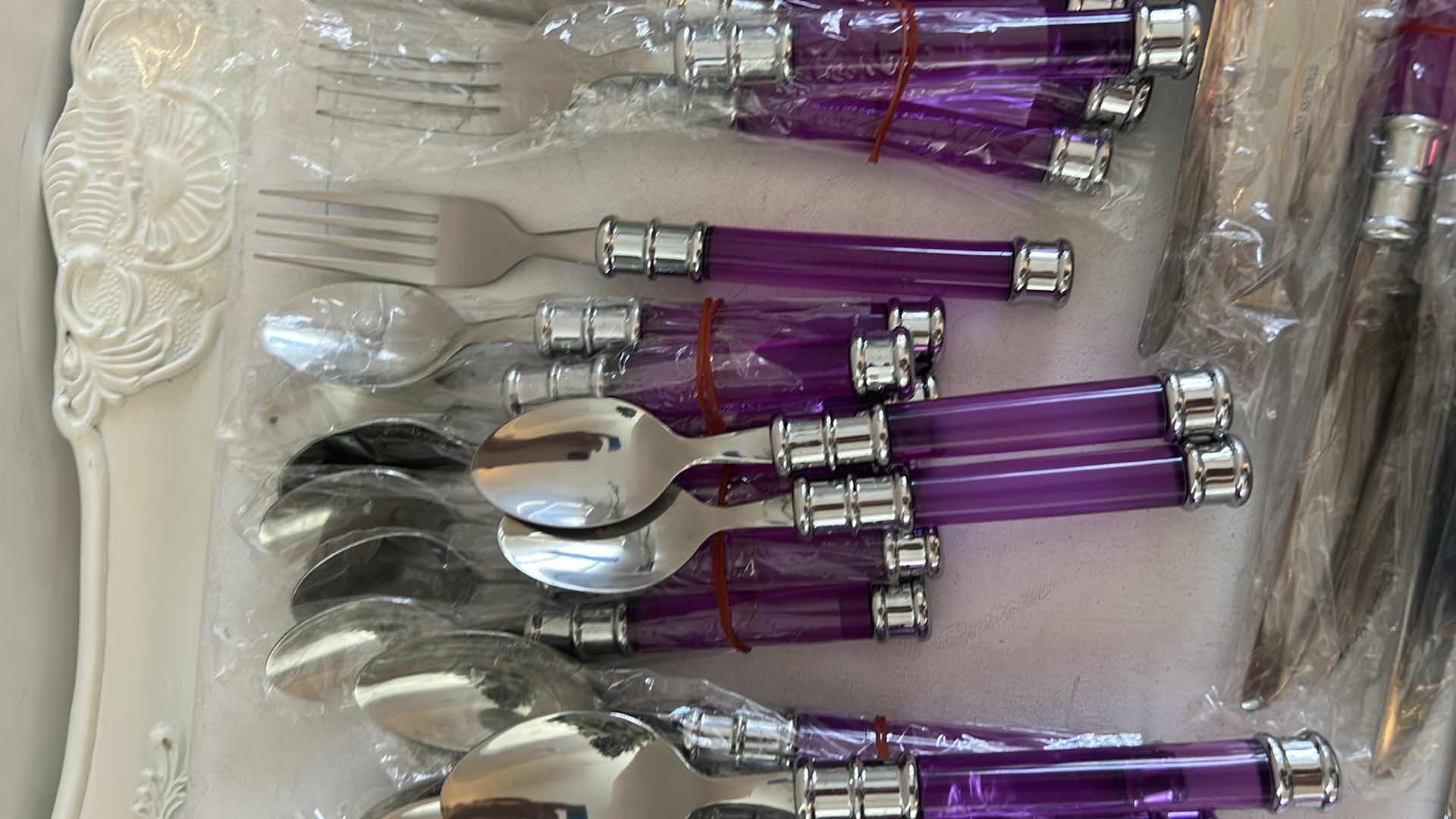 Photo 1 of 40 PC PURPLE HANDLED, STAINLESS STEEL FLATWARE & CUTLERY SET