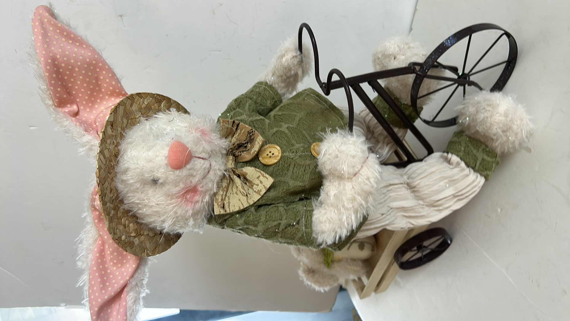 Photo 1 of EASTER BUNNY PLUSH FIGURINE RIDING BIKE W CART W BABY BUNNIES H 20”