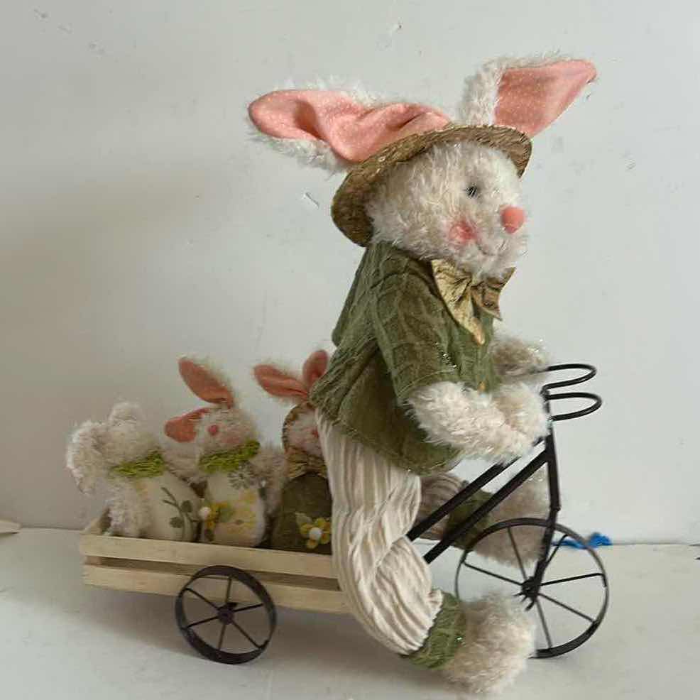 Photo 1 of EASTER BUNNY PLUSH FIGURINE RIDING BIKE W CART W BABY BUNNIES H 20”