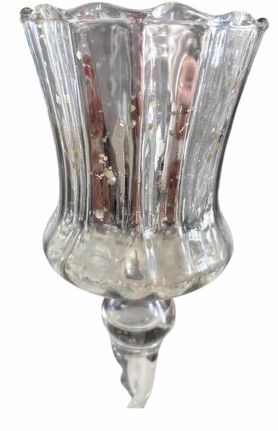 Photo 1 of 3-PCS MERCURY GLASS HURRICANE CANDLE HOLDERS WITH TWISTED STEMS H13.5”