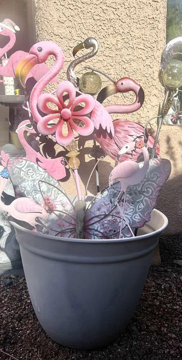 Photo 1 of LARGE POT WITH FLAMINGO AND BUTTERFLY OUTDOOR DECOR
