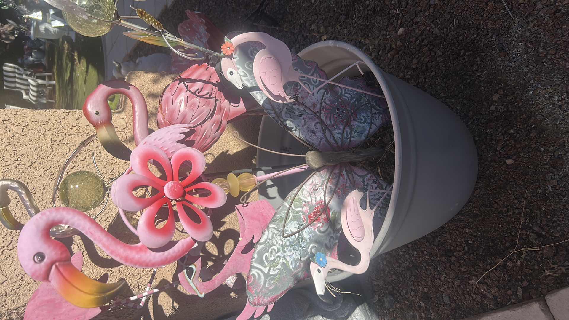 Photo 1 of LARGE POT WITH FLAMINGO AND BUTTERFLY OUTDOOR DECOR