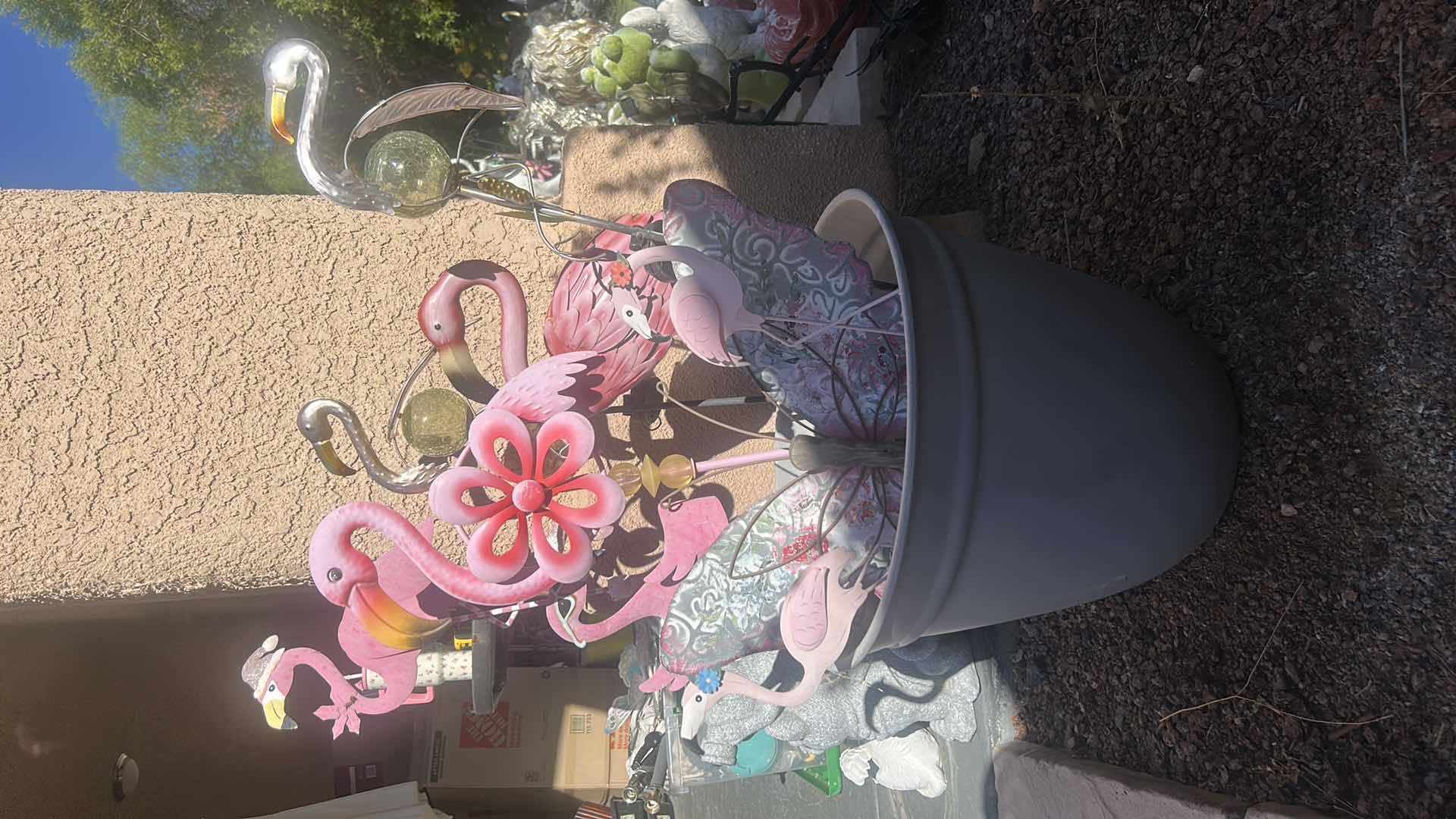 Photo 1 of LARGE POT WITH FLAMINGO AND BUTTERFLY OUTDOOR DECOR