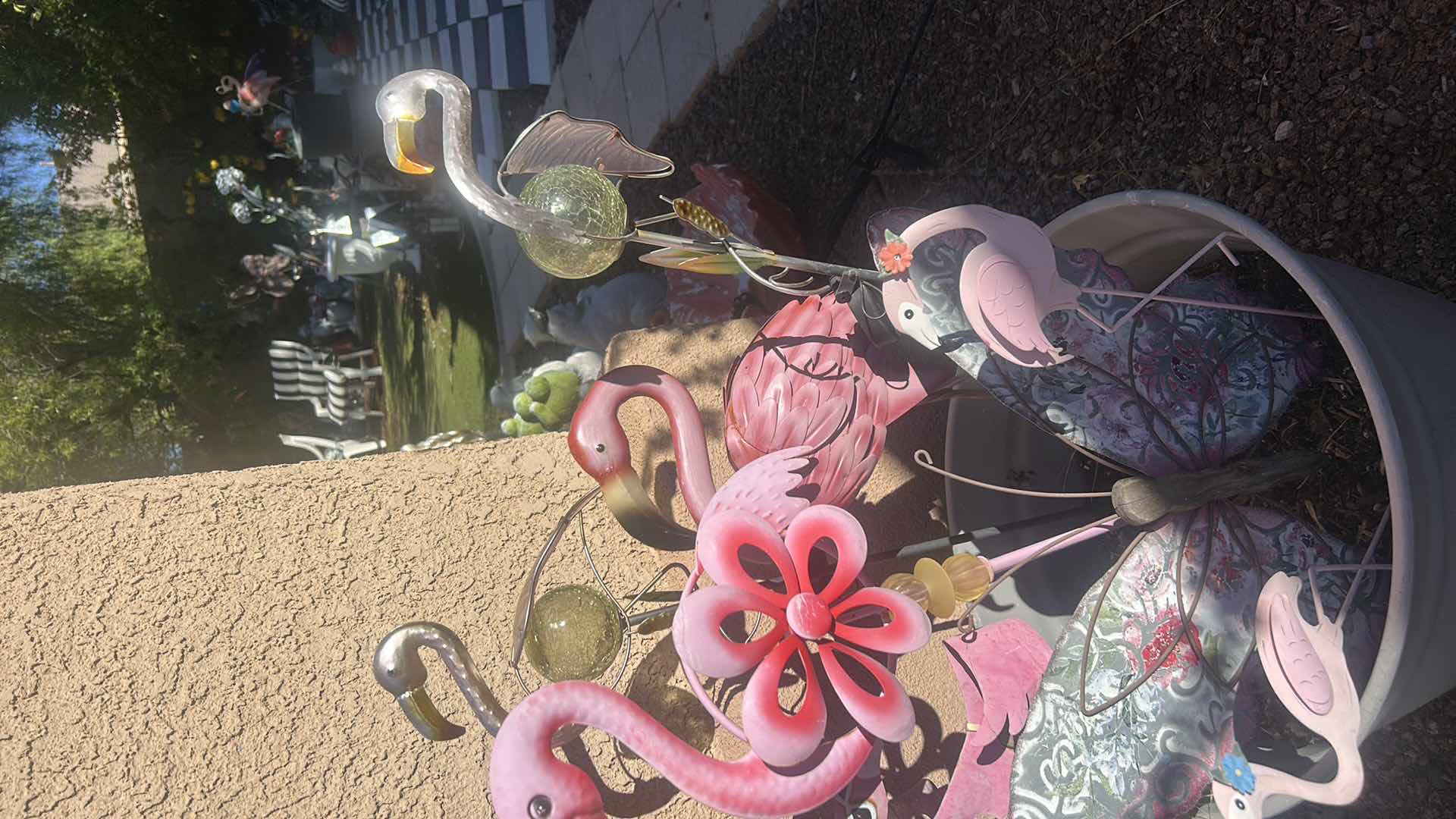 Photo 1 of LARGE POT WITH FLAMINGO AND BUTTERFLY OUTDOOR DECOR