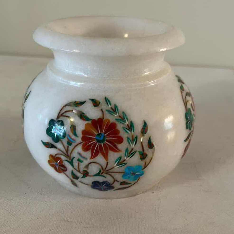 Photo 1 of HANDMADE WHITE MARBLE POT (MATKI) TRADITIONAL INDIAN GEMSTONE AND FLORAL INLAY H4”