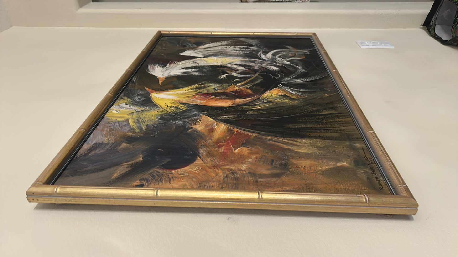 Photo 1 of FRAMED ORIGINAL 1969 OIL PAINTING ON CANVAS BY ROMEO BORJA ENRIQUEZ, “THE COCK FIGHT” ARTWORK, 36 1/2“ x H24 1/2“