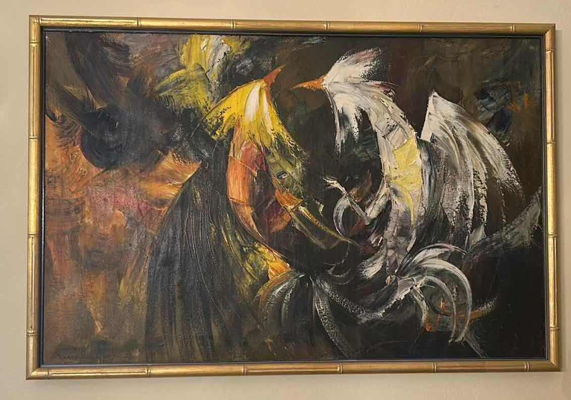 Photo 1 of FRAMED ORIGINAL 1969 OIL PAINTING ON CANVAS BY ROMEO BORJA ENRIQUEZ, “THE COCK FIGHT” ARTWORK, 36 1/2“ x H24 1/2“