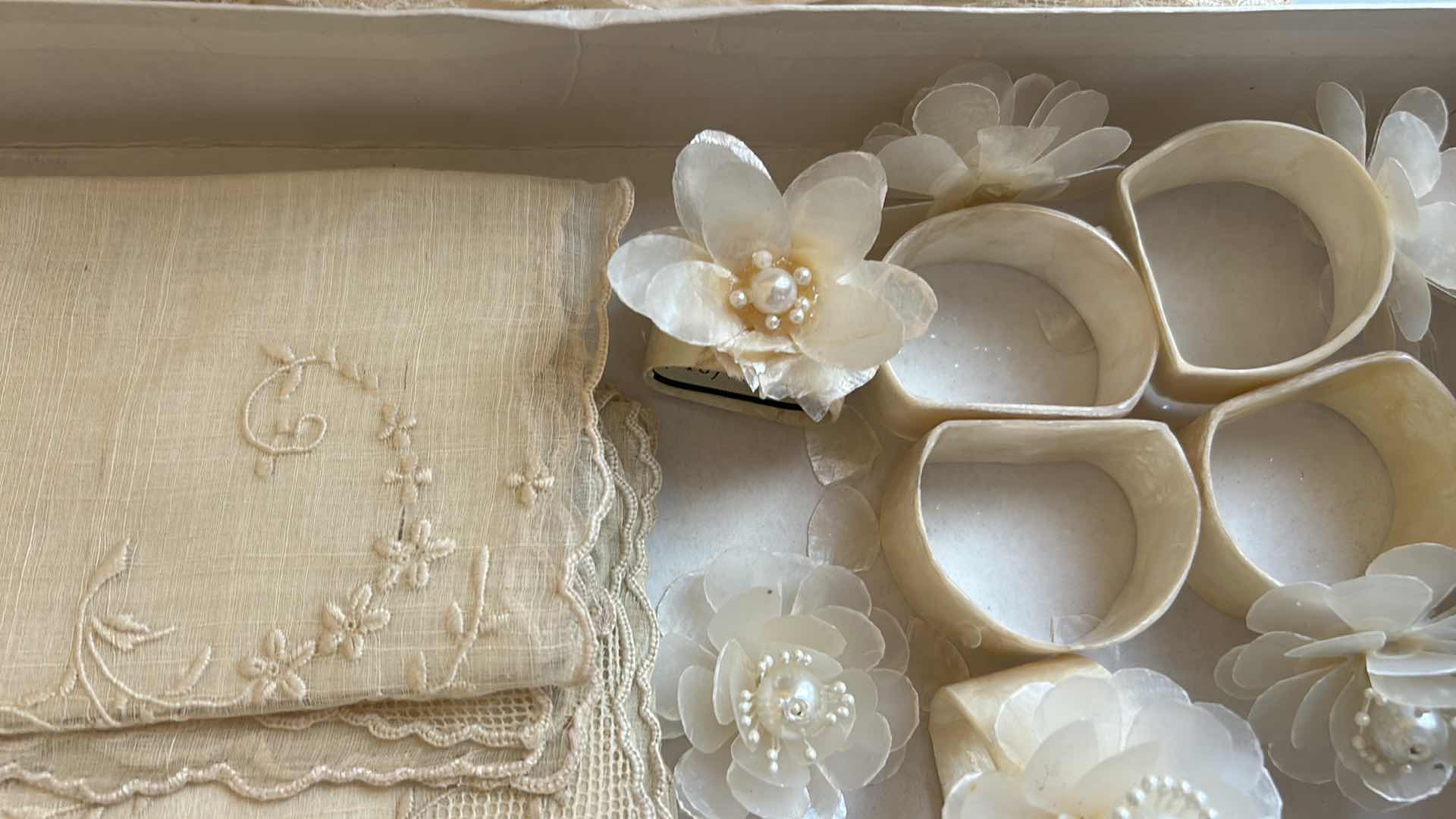 Photo 1 of VINTAGE IVORY TABLE LINENS & CAPIZ SHELL & MOTHER-OF-PEARL, FLORAL NAPKIN RINGS