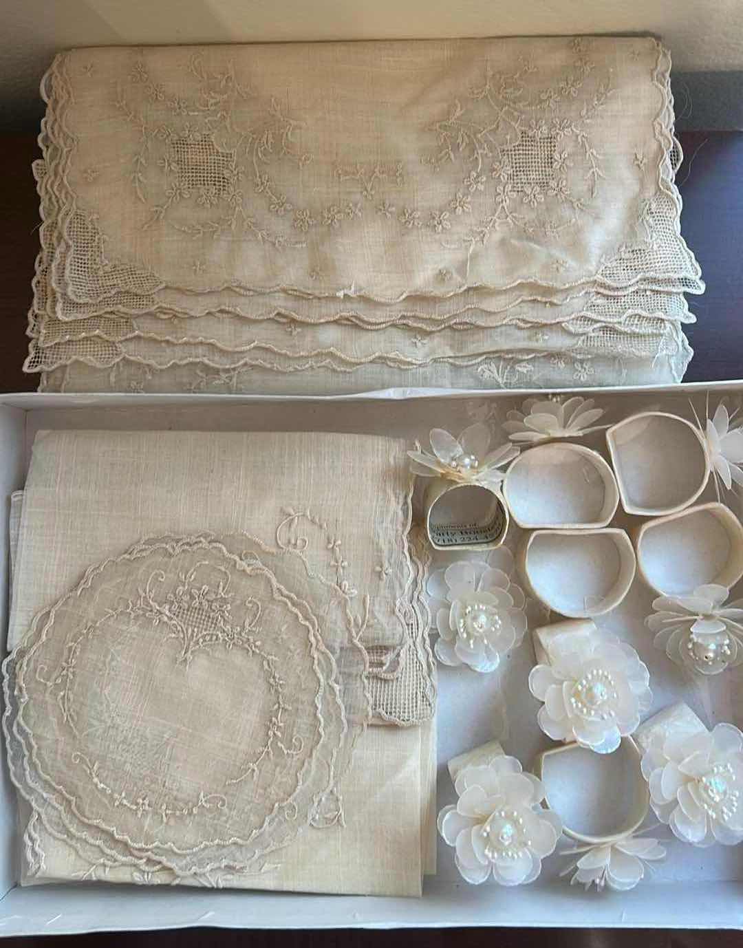 Photo 1 of VINTAGE IVORY TABLE LINENS & CAPIZ SHELL & MOTHER-OF-PEARL, FLORAL NAPKIN RINGS