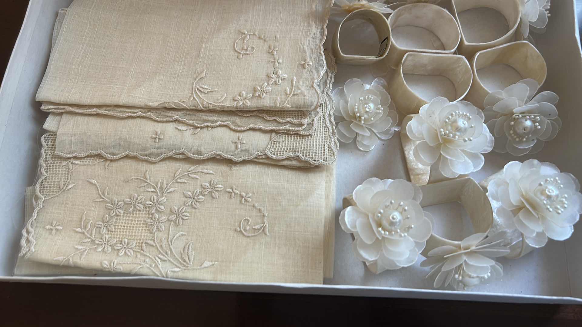 Photo 1 of VINTAGE IVORY TABLE LINENS & CAPIZ SHELL & MOTHER-OF-PEARL, FLORAL NAPKIN RINGS