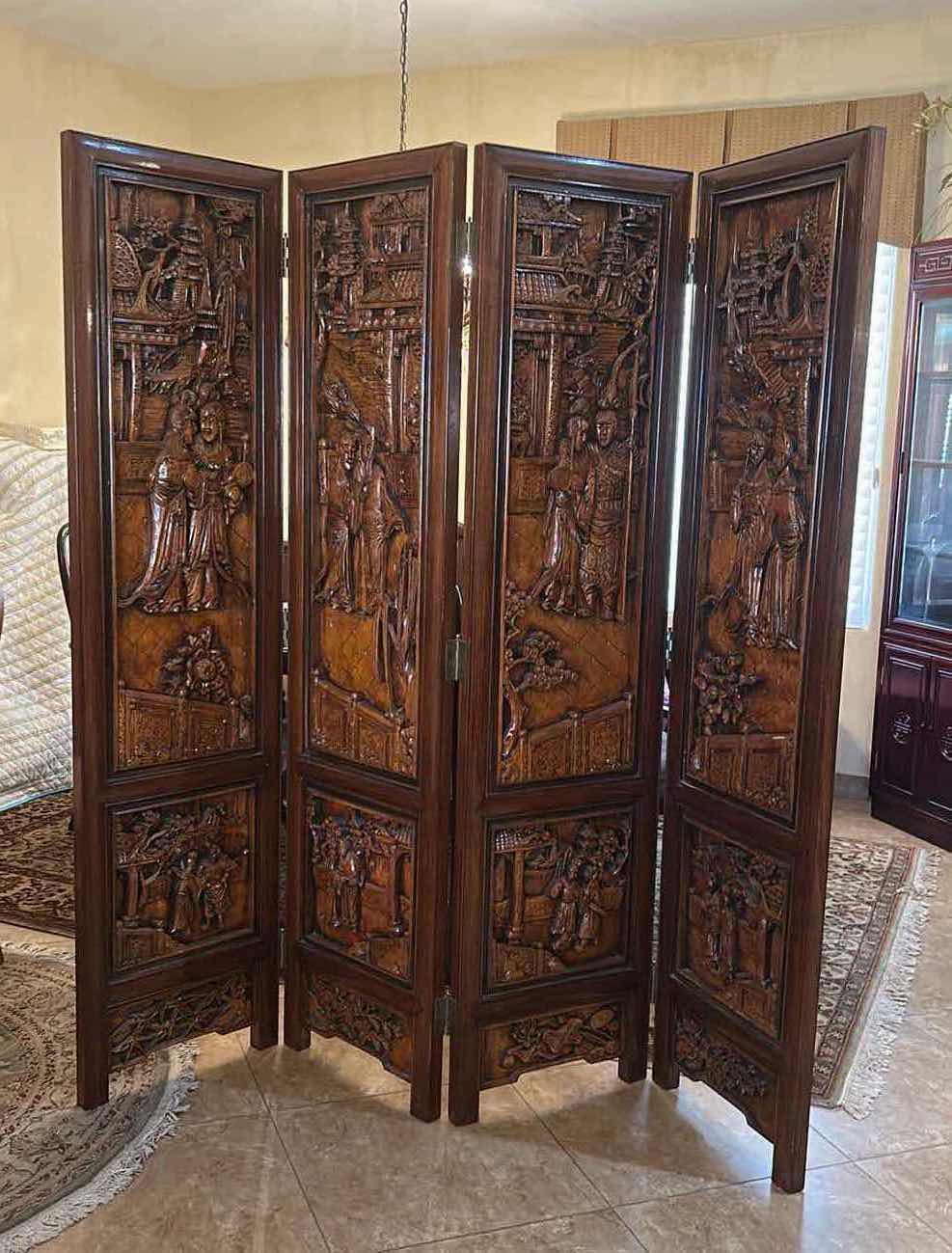 Photo 1 of ANTIQUE/VINTAGE CHINESE FOUR PANEL HAND CARVED WOODEN ROOM DIVIDER/PRIVACY SCREEN
54” x 1.5” x 6’