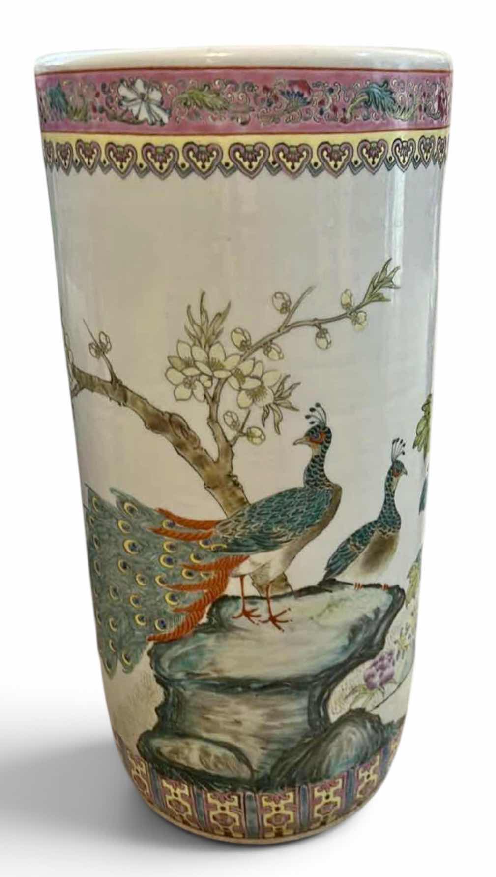 Photo 1 of VINTAGE CHINESE PORCELAIN PEACOCK & FLORAL UMBRELLA STAND/FLOOR VASE, H18”