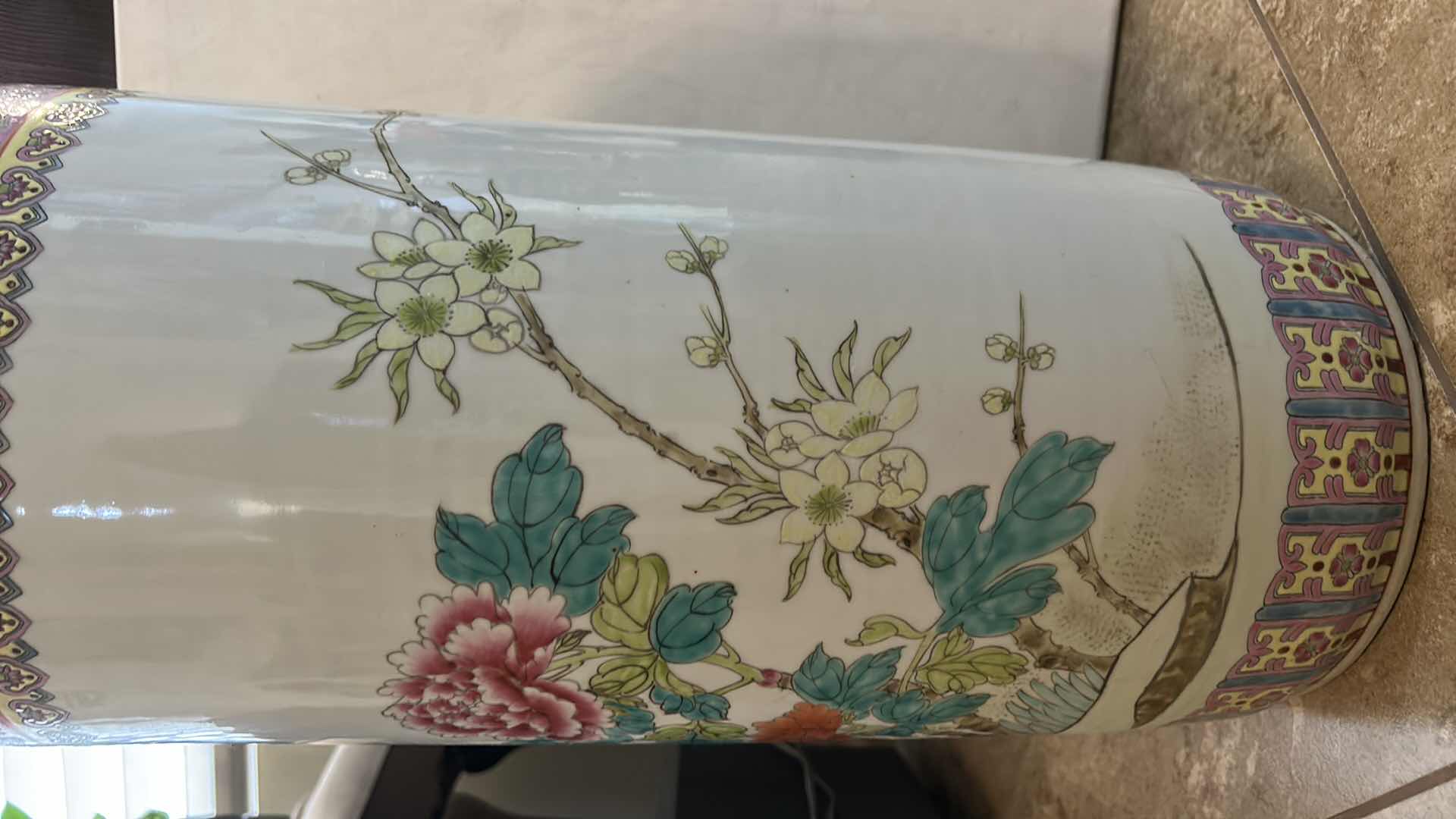 Photo 1 of VINTAGE CHINESE PORCELAIN PEACOCK & FLORAL UMBRELLA STAND/FLOOR VASE, H18”
