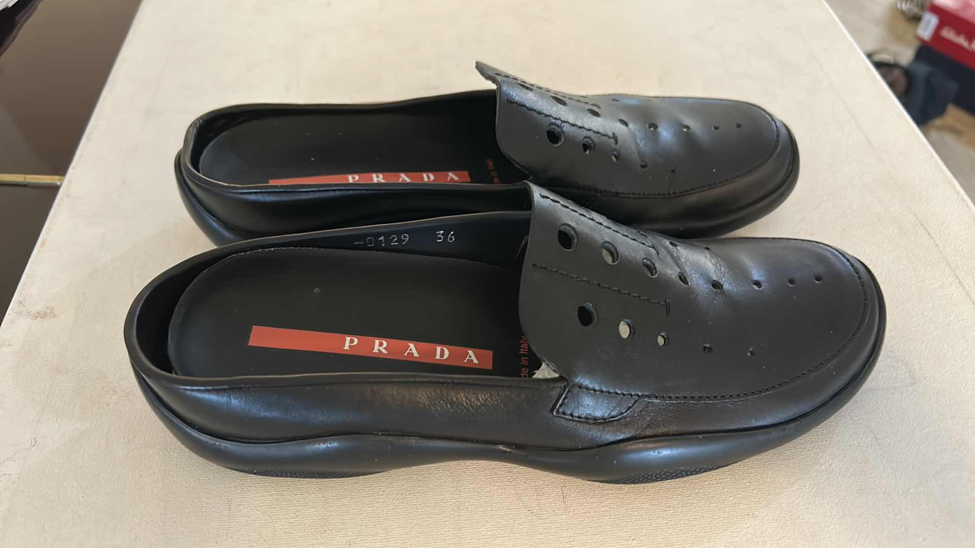 Photo 1 of PRADA SPORT BLACK LEATHER PERFORATED MULES/SLIP ON LOAFERS SIZE 7