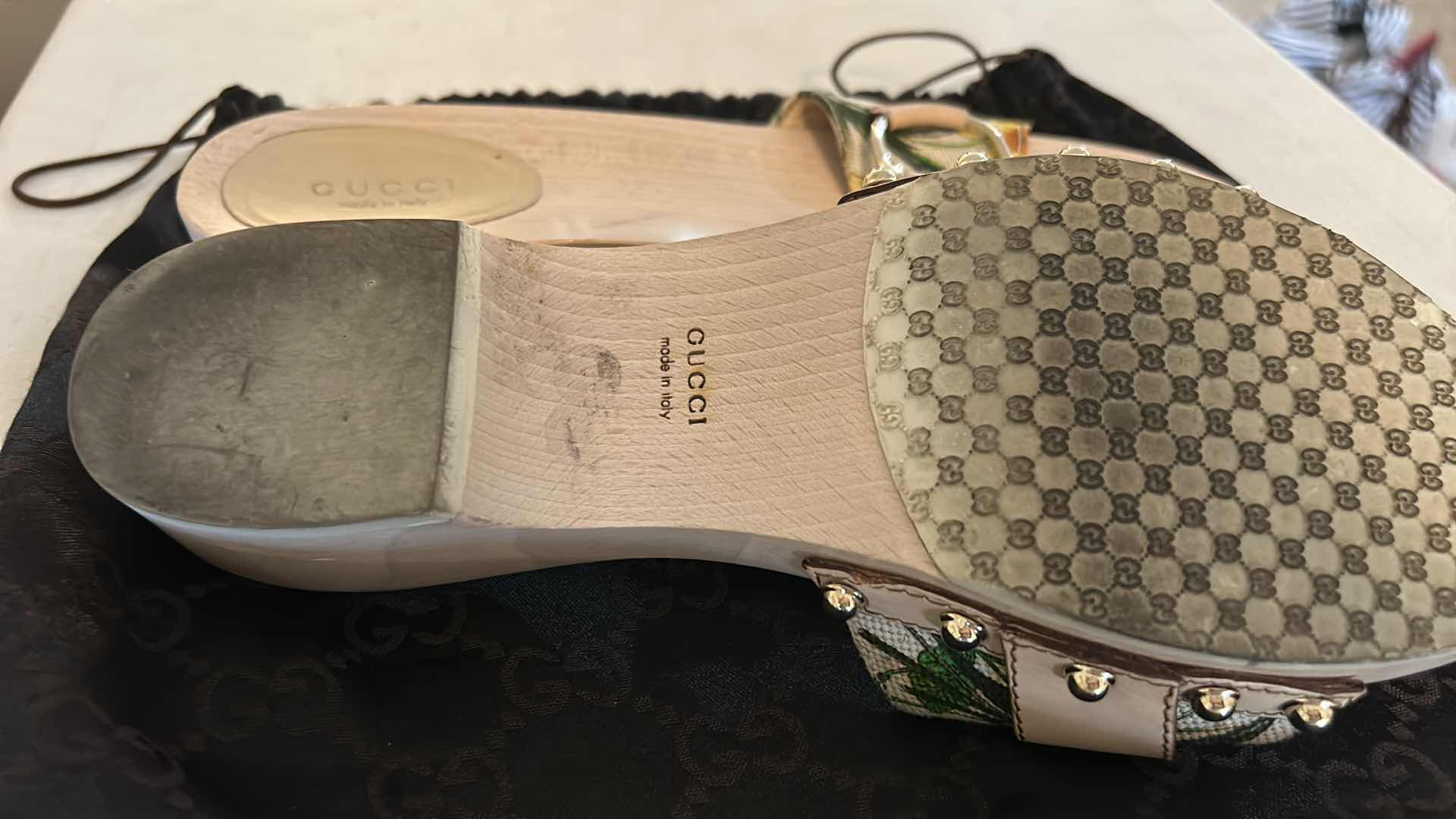 Photo 1 of GUCCI FLORA HORSE BIT WOODEN CLOG/SLIDE SANDALS SIZE 7