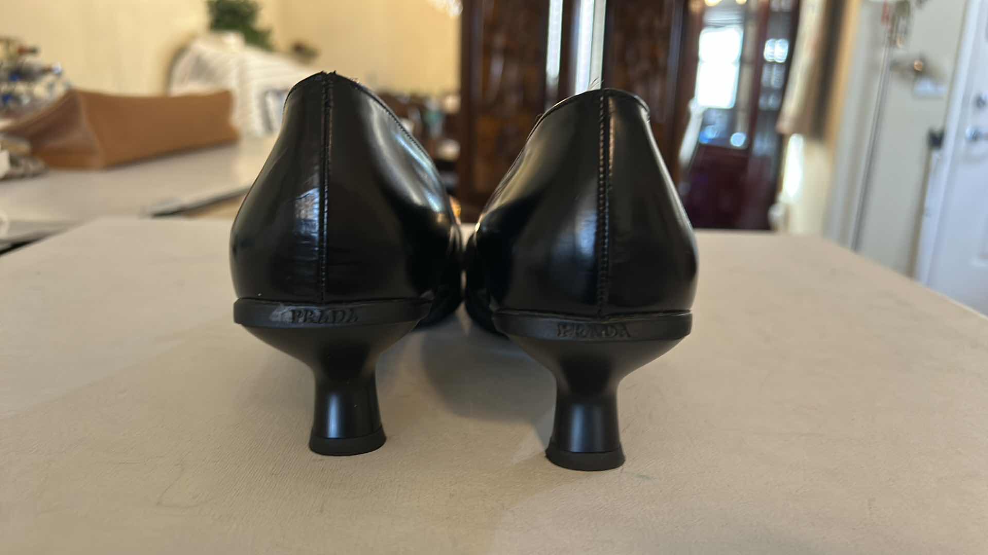Photo 1 of PRADA BLACK LEATHER SQUARE TOE PUMPS, SIZE 7
