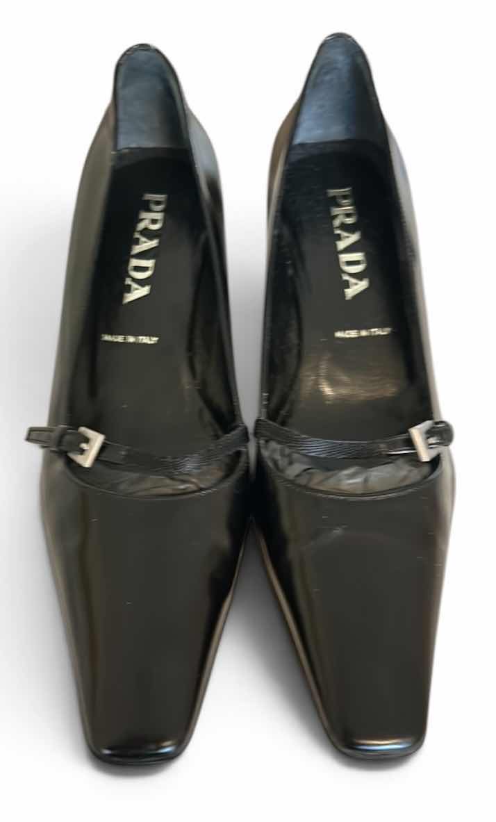Photo 1 of PRADA BLACK LEATHER SQUARE TOE PUMPS, SIZE 7