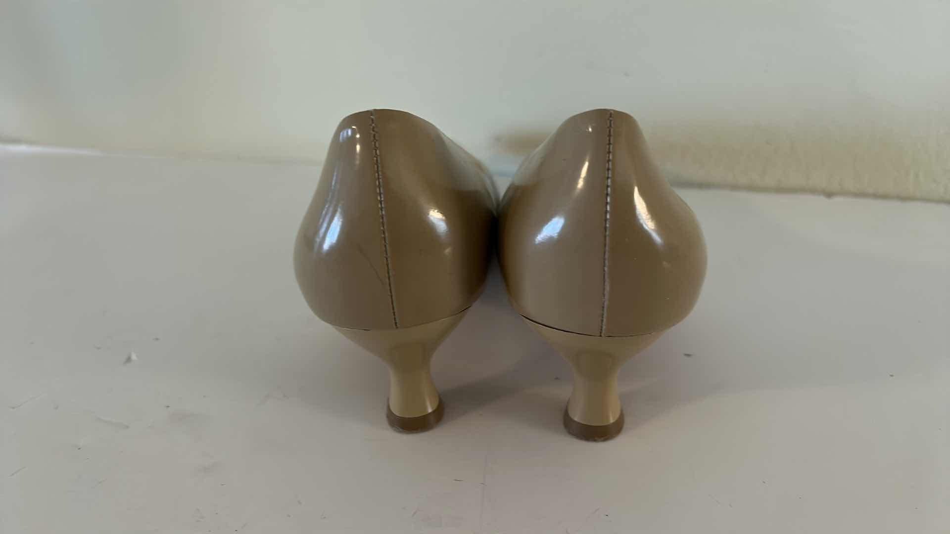 Photo 1 of SALVATORE FERRAGAMO, BEIGE PATENT LEATHER PUMPS SIZE 7