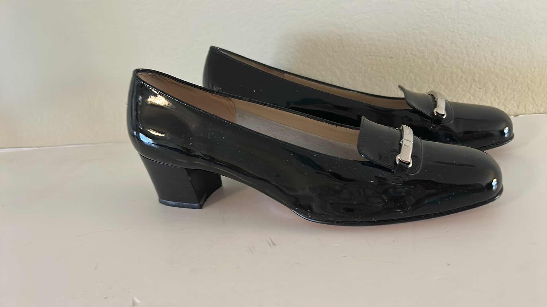 Photo 1 of SALVATORE FERRAGAMO BLACK PATENT LEATHER LOAFER PUMPS SIZE 7