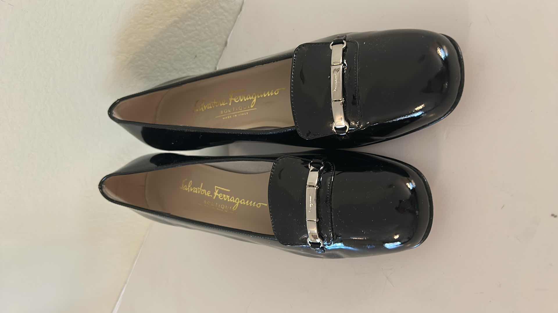 Photo 1 of SALVATORE FERRAGAMO BLACK PATENT LEATHER LOAFER PUMPS SIZE 7