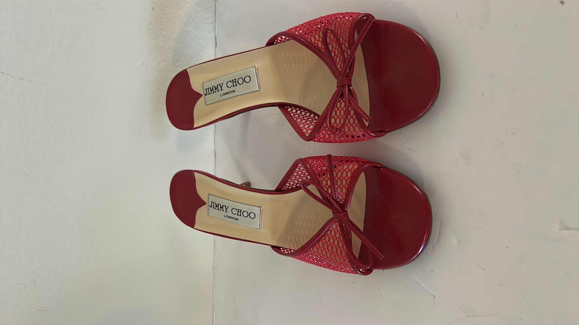 Photo 1 of JIMMY CHOO LIPSTICK RED FISHNET MESH BOW MULE HEELS SIZE 7