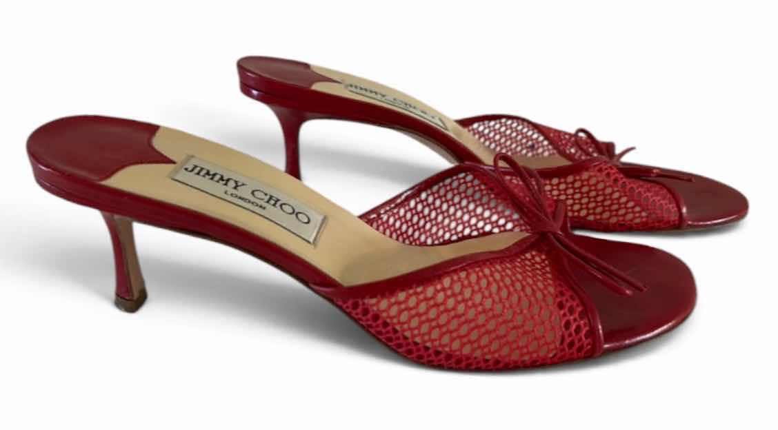 Photo 1 of JIMMY CHOO LIPSTICK RED FISHNET MESH BOW MULE HEELS SIZE 7