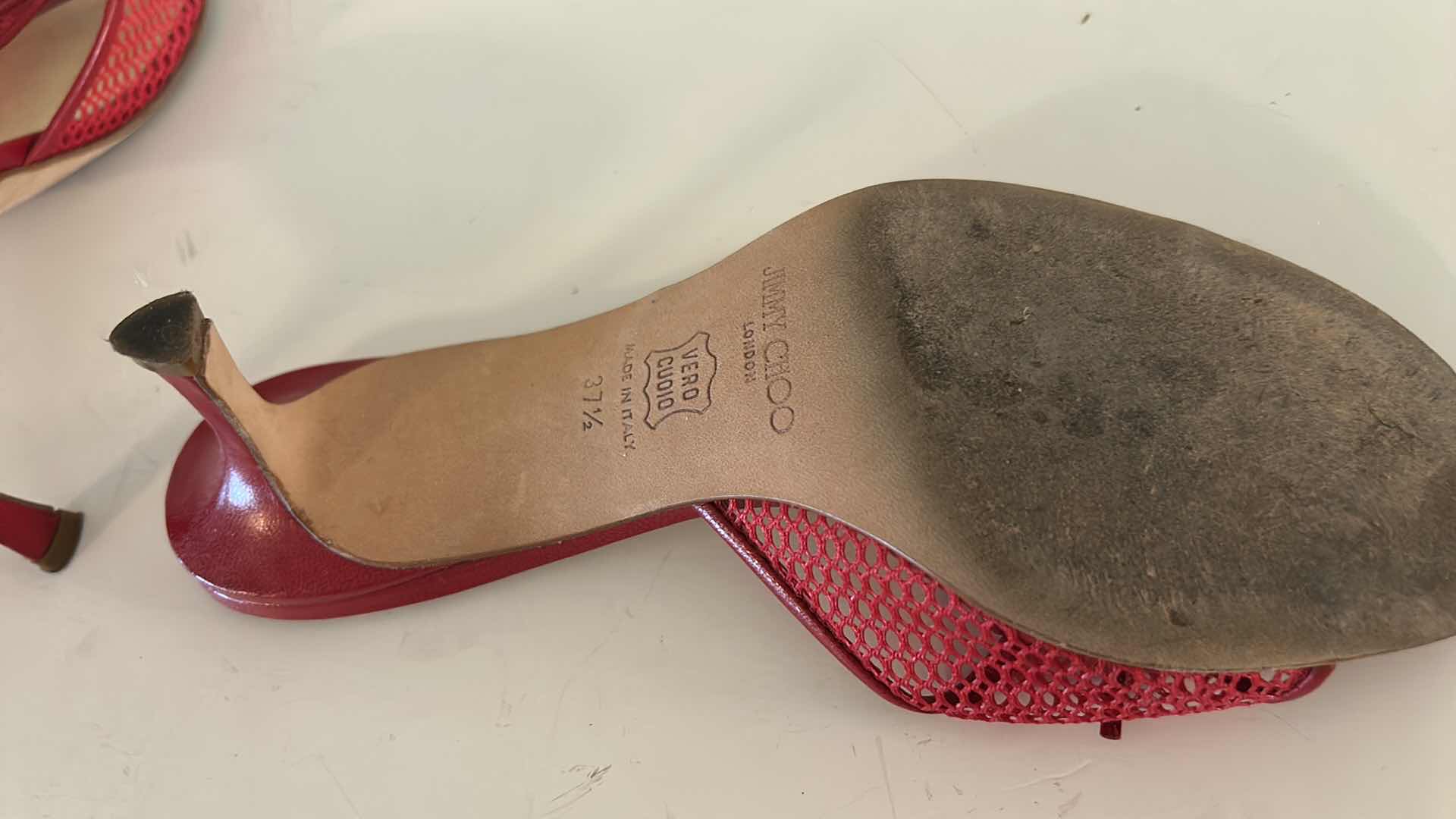 Photo 1 of JIMMY CHOO LIPSTICK RED FISHNET MESH BOW MULE HEELS SIZE 7