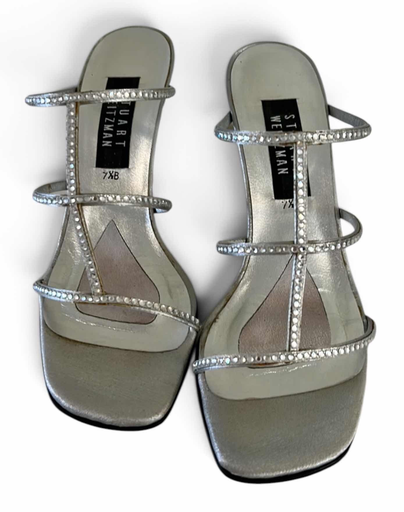 Photo 1 of STUART WEITZMAN SILVER SATIN RHINESTONE STRAP SLIDE SANDALS SIZE 7