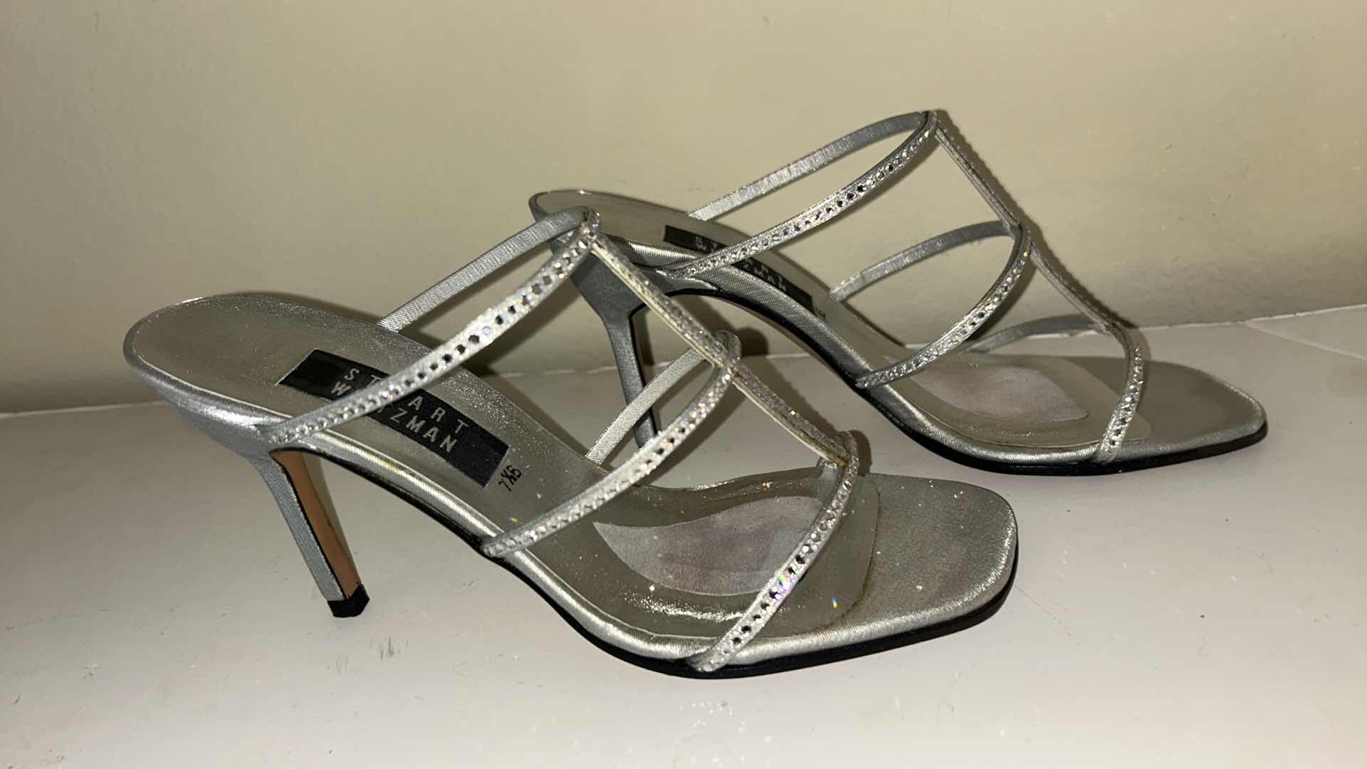 Photo 1 of STUART WEITZMAN SILVER SATIN RHINESTONE STRAP SLIDE SANDALS SIZE 7