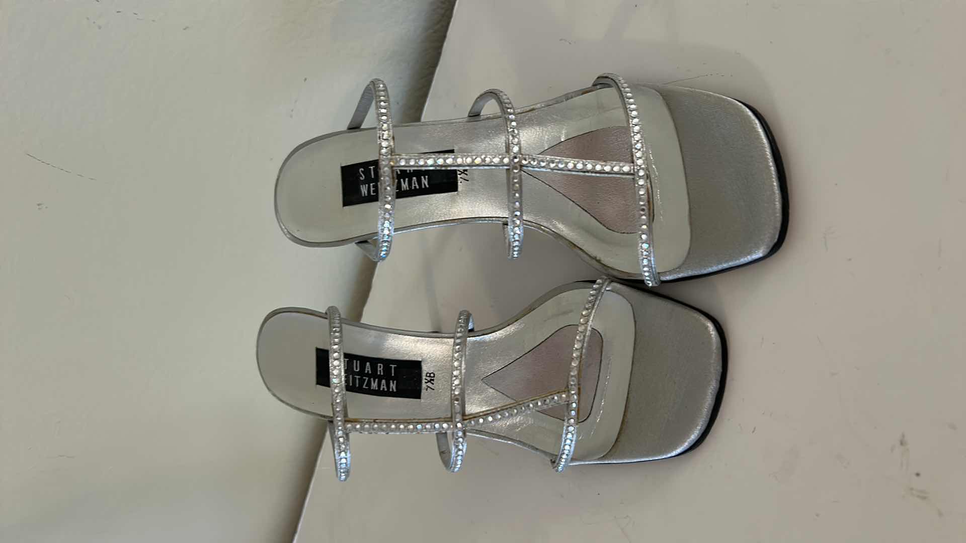 Photo 1 of STUART WEITZMAN SILVER SATIN RHINESTONE STRAP SLIDE SANDALS SIZE 7
