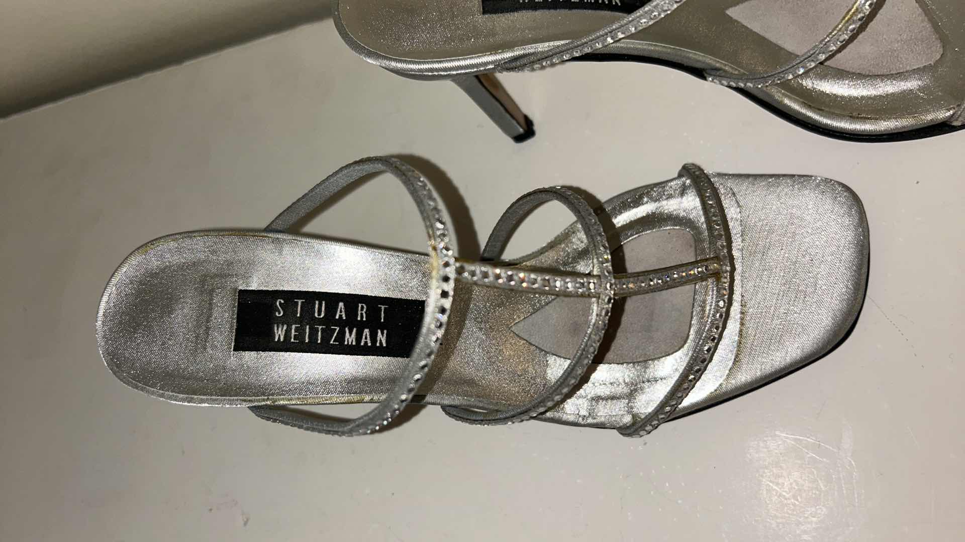 Photo 1 of STUART WEITZMAN SILVER SATIN RHINESTONE STRAP SLIDE SANDALS SIZE 7