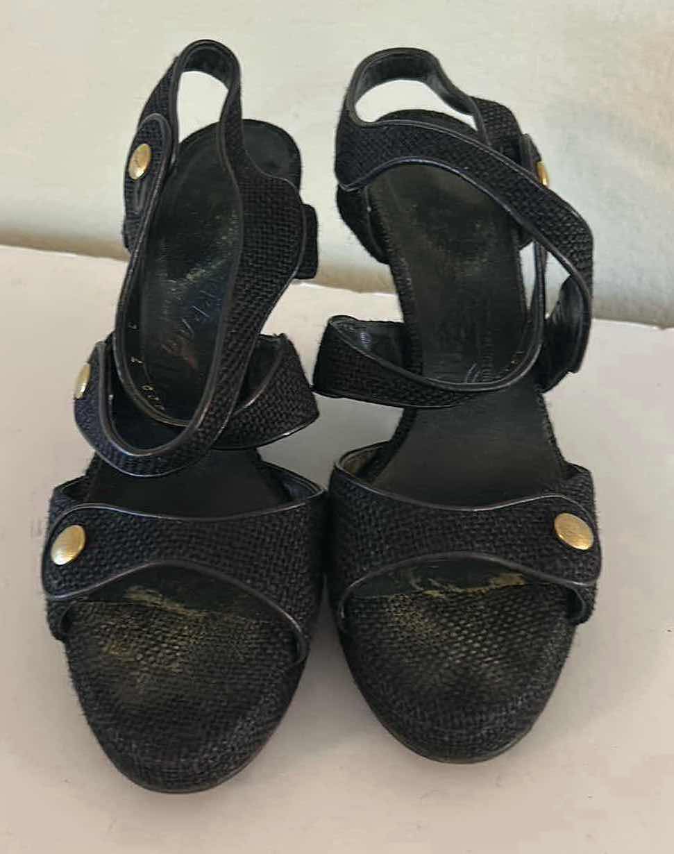 Photo 1 of VINTAGE SALVATORE FERRAGAMO, BLACK WOVEN MESH WRAP WEDGE SANDALS SIZE 7