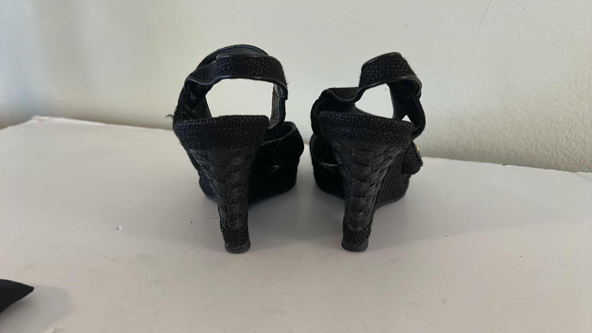 Photo 1 of VINTAGE SALVATORE FERRAGAMO, BLACK WOVEN MESH WRAP WEDGE SANDALS SIZE 7