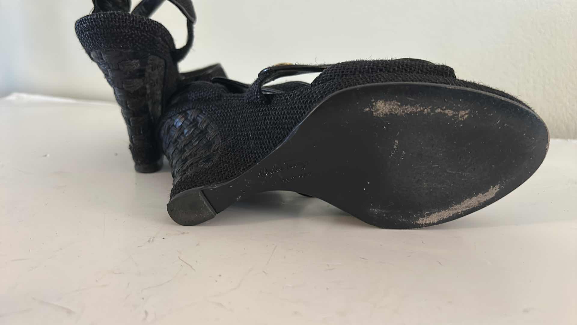 Photo 1 of VINTAGE SALVATORE FERRAGAMO, BLACK WOVEN MESH WRAP WEDGE SANDALS SIZE 7