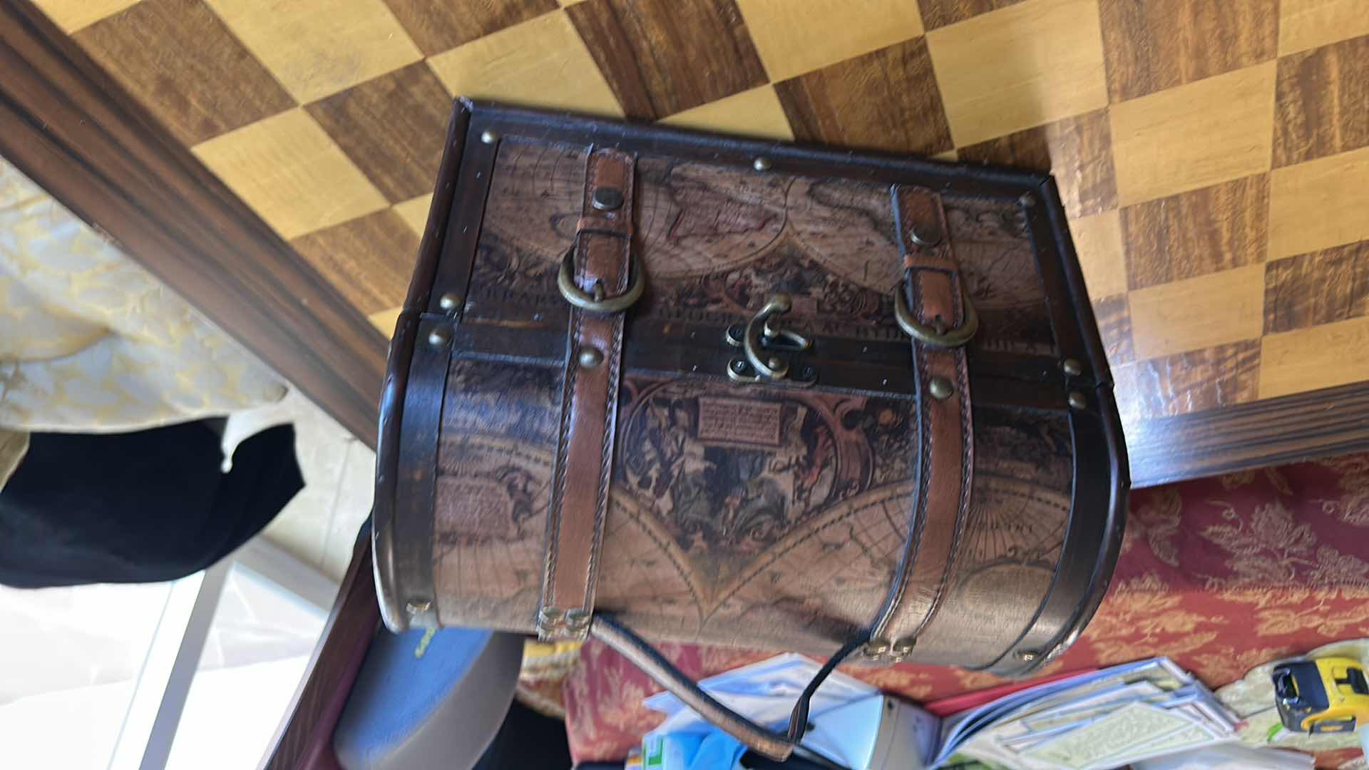 Photo 1 of MID-CENTURY MODERN ROSEWOOD CHEST TABLE WITH CHESS PIECES Mid-Century Modern rosewood chess table featuring an. 32“ x 32“ x 27 1/2“