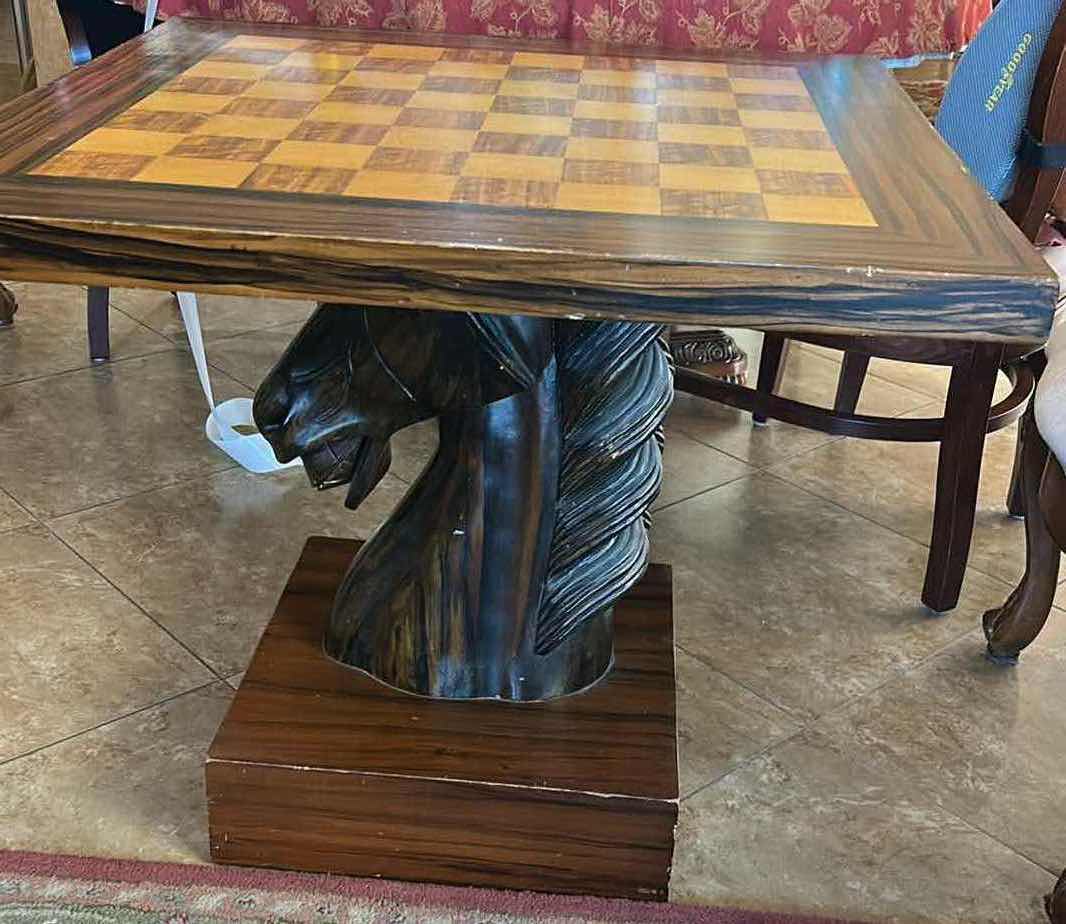 Photo 1 of MID-CENTURY MODERN ROSEWOOD CHEST TABLE WITH CHESS PIECES Mid-Century Modern rosewood chess table featuring an. 32“ x 32“ x 27 1/2“