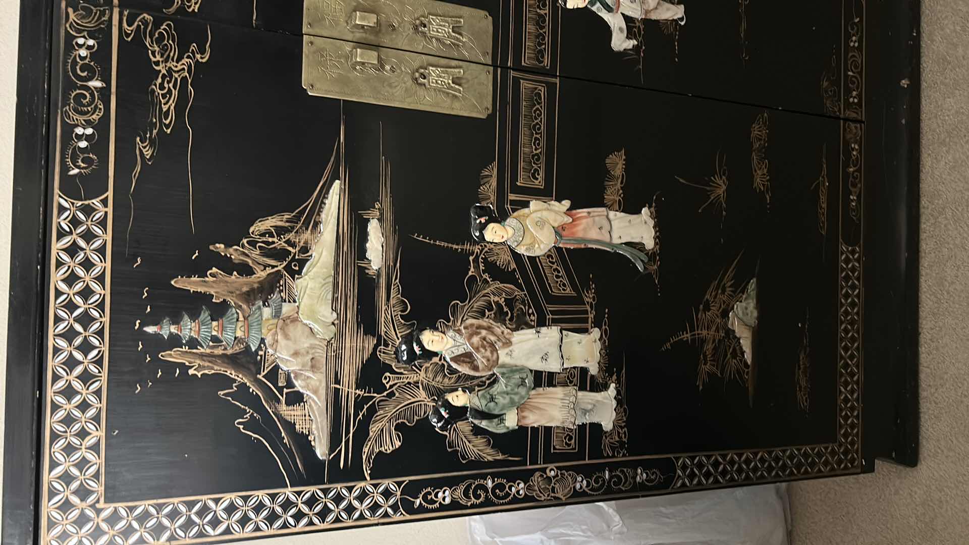 Photo 1 of CHINESE CHINOISERIE BLACK LACQUER CABINET W MOTHER-OF-PEARL AND SOAPSTONE FIGURES 27 1/2“ x 18“ x H39 1/2“
