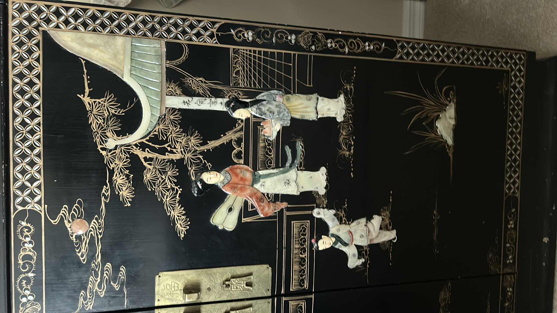 Photo 1 of CHINESE CHINOISERIE BLACK LACQUER CABINET W MOTHER-OF-PEARL AND SOAPSTONE FIGURES 27 1/2“ x 18“ x H39 1/2“