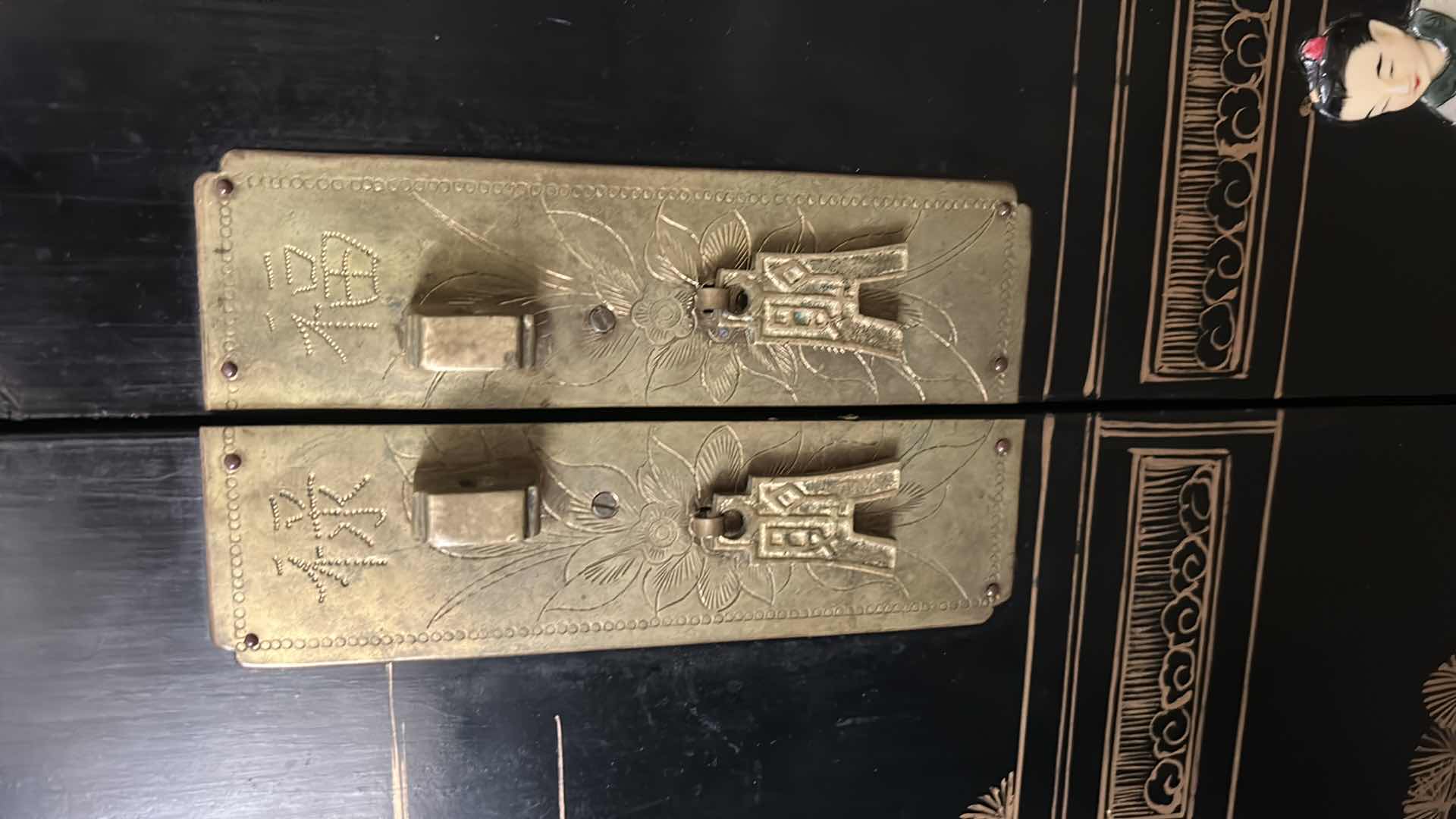 Photo 1 of CHINESE CHINOISERIE BLACK LACQUER CABINET W MOTHER-OF-PEARL AND SOAPSTONE FIGURES 27 1/2“ x 18“ x H39 1/2“