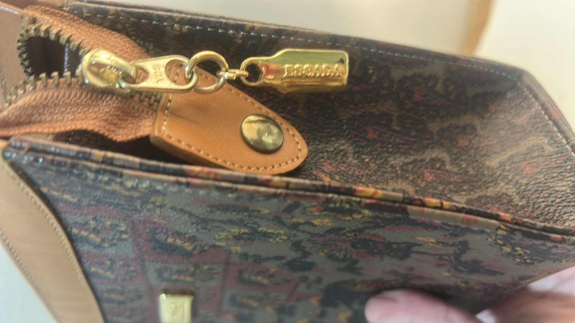 Photo 1 of ESCADA: VINTAGE MONOGRAM PATTERN CANVAS AND LEATHER TRIM ENVELOPE CLUTCH BAG