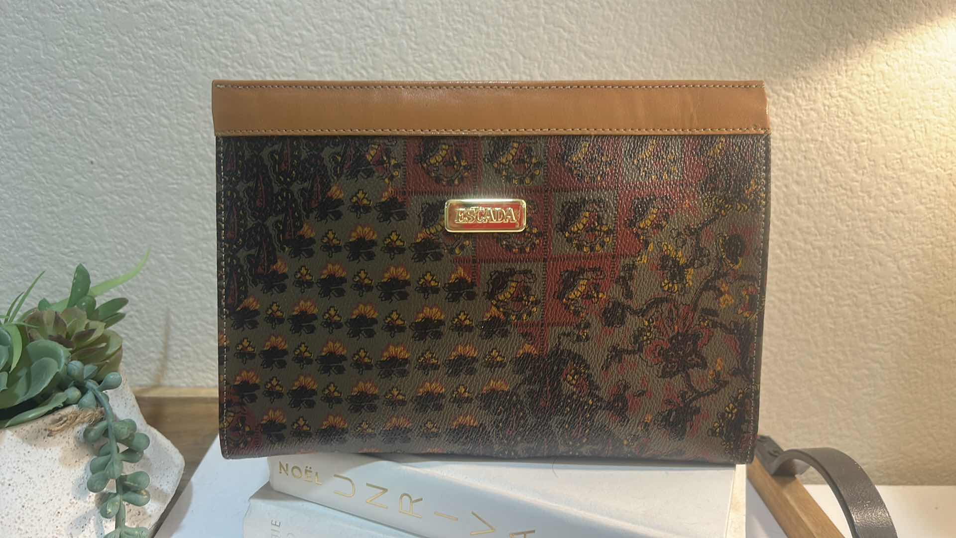 Photo 1 of ESCADA: VINTAGE MONOGRAM PATTERN CANVAS AND LEATHER TRIM ENVELOPE CLUTCH BAG