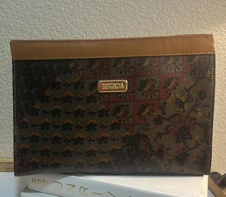 Photo 1 of ESCADA: VINTAGE MONOGRAM PATTERN CANVAS AND LEATHER TRIM ENVELOPE CLUTCH BAG