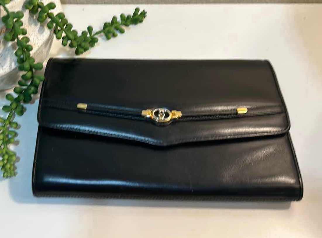 Photo 1 of AUTHENTIC GUCCI: VINTAGE BLACK SMOOTH LEATHER HORSEBIT ENVELOPE CLUTCH BAG