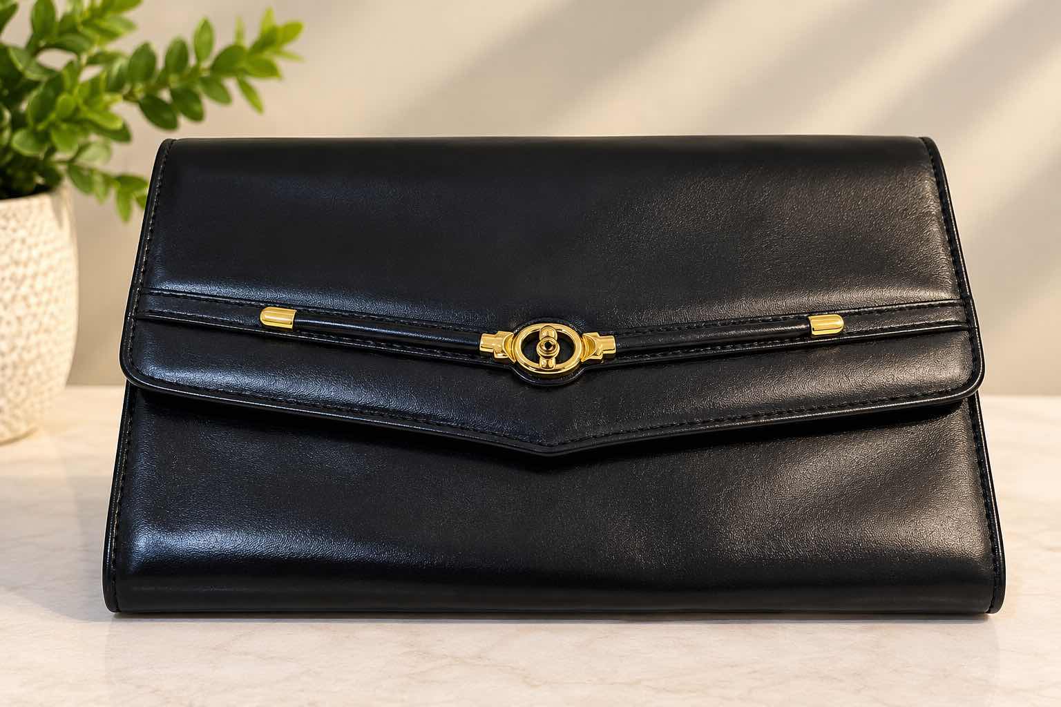 Photo 1 of AUTHENTIC GUCCI: VINTAGE BLACK SMOOTH LEATHER HORSEBIT ENVELOPE CLUTCH BAG