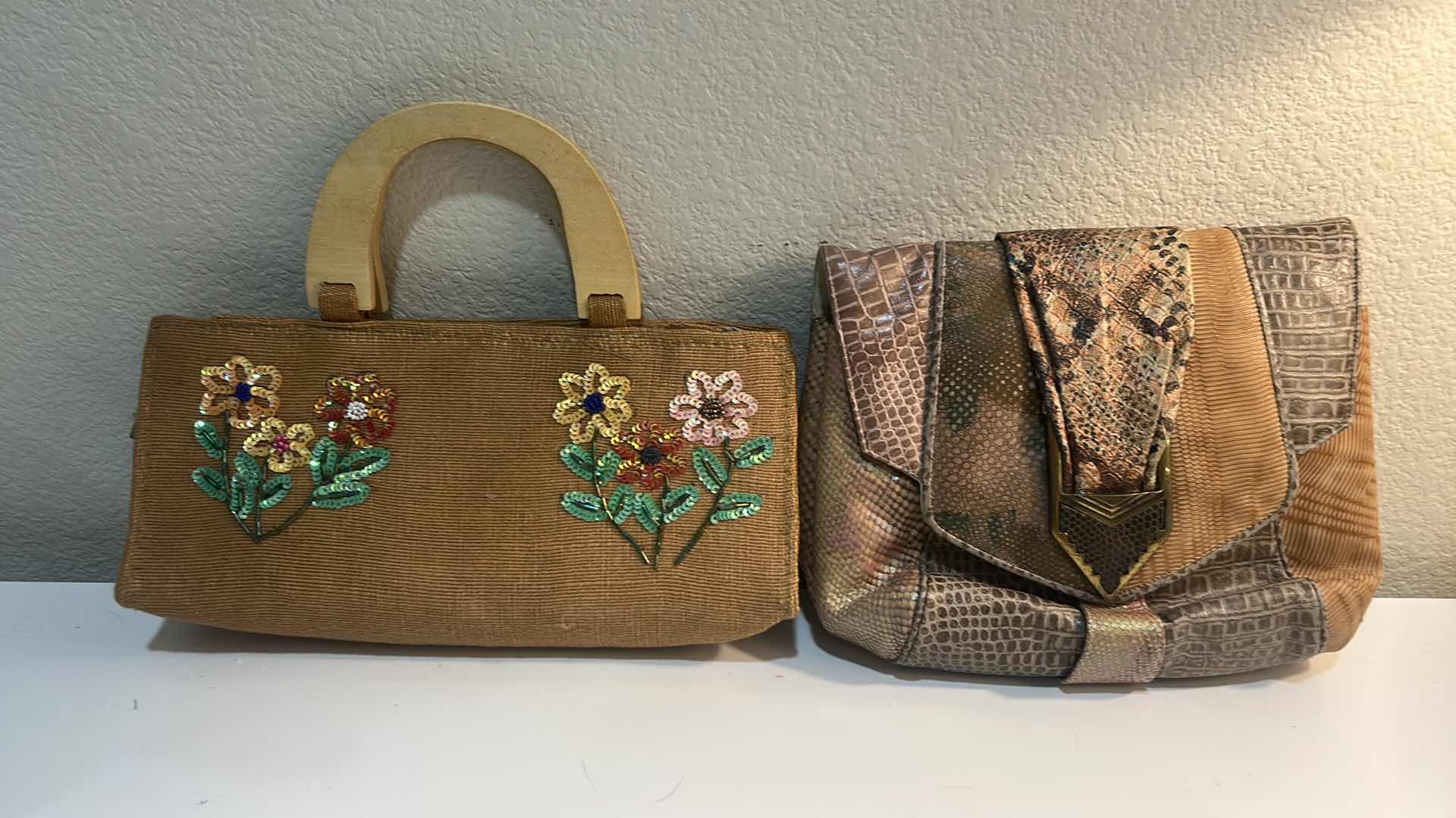 Photo 1 of VINTAGE EMBROIDERED WOVEN TAN HANDBAG & MULTI-TEXTURE PATCHWORK CLUTCH BAG