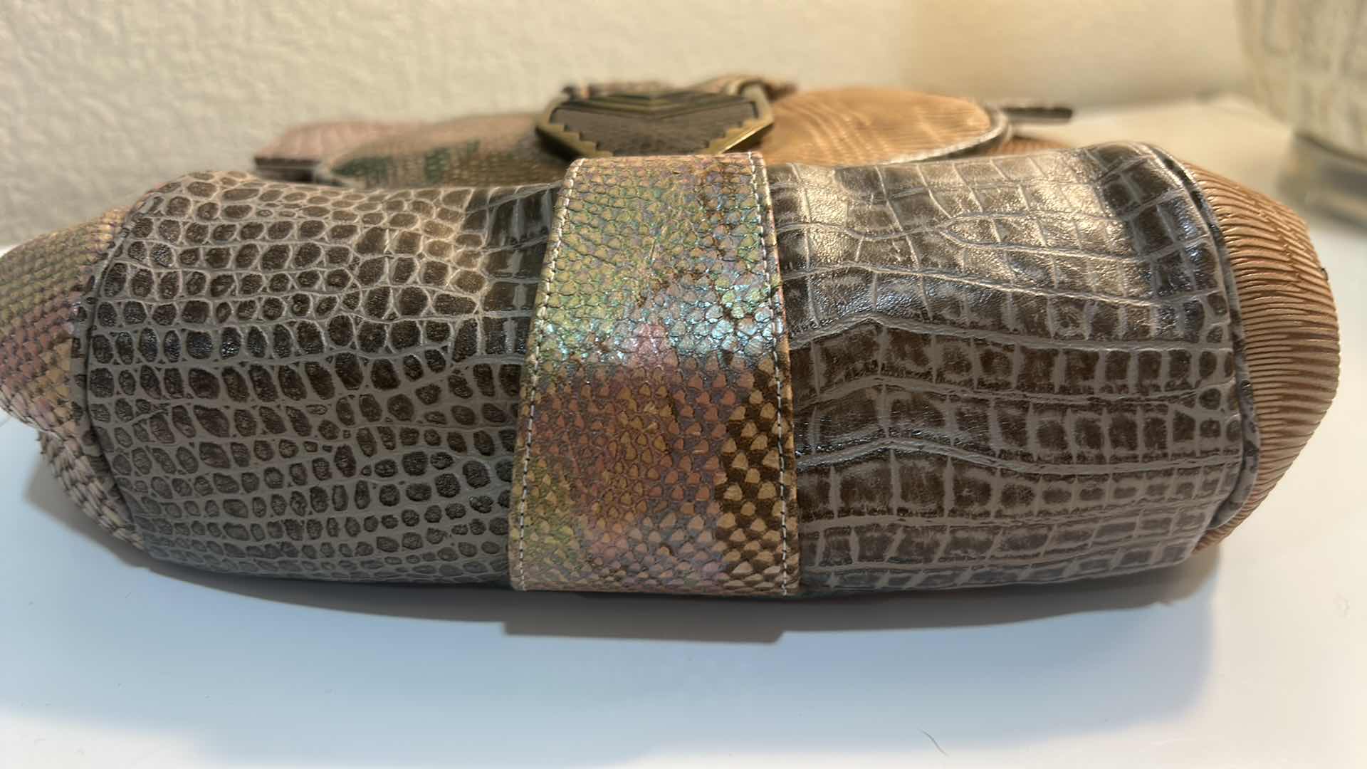 Photo 1 of VINTAGE EMBROIDERED WOVEN TAN HANDBAG & MULTI-TEXTURE PATCHWORK CLUTCH BAG