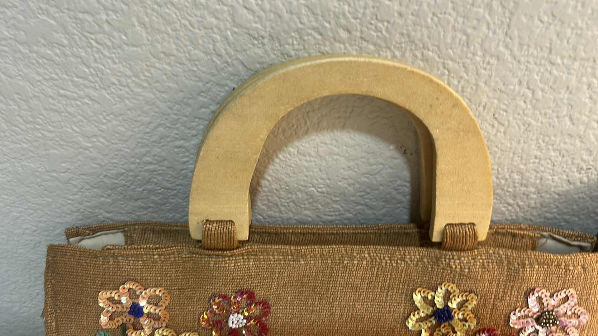 Photo 1 of VINTAGE EMBROIDERED WOVEN TAN HANDBAG & MULTI-TEXTURE PATCHWORK CLUTCH BAG