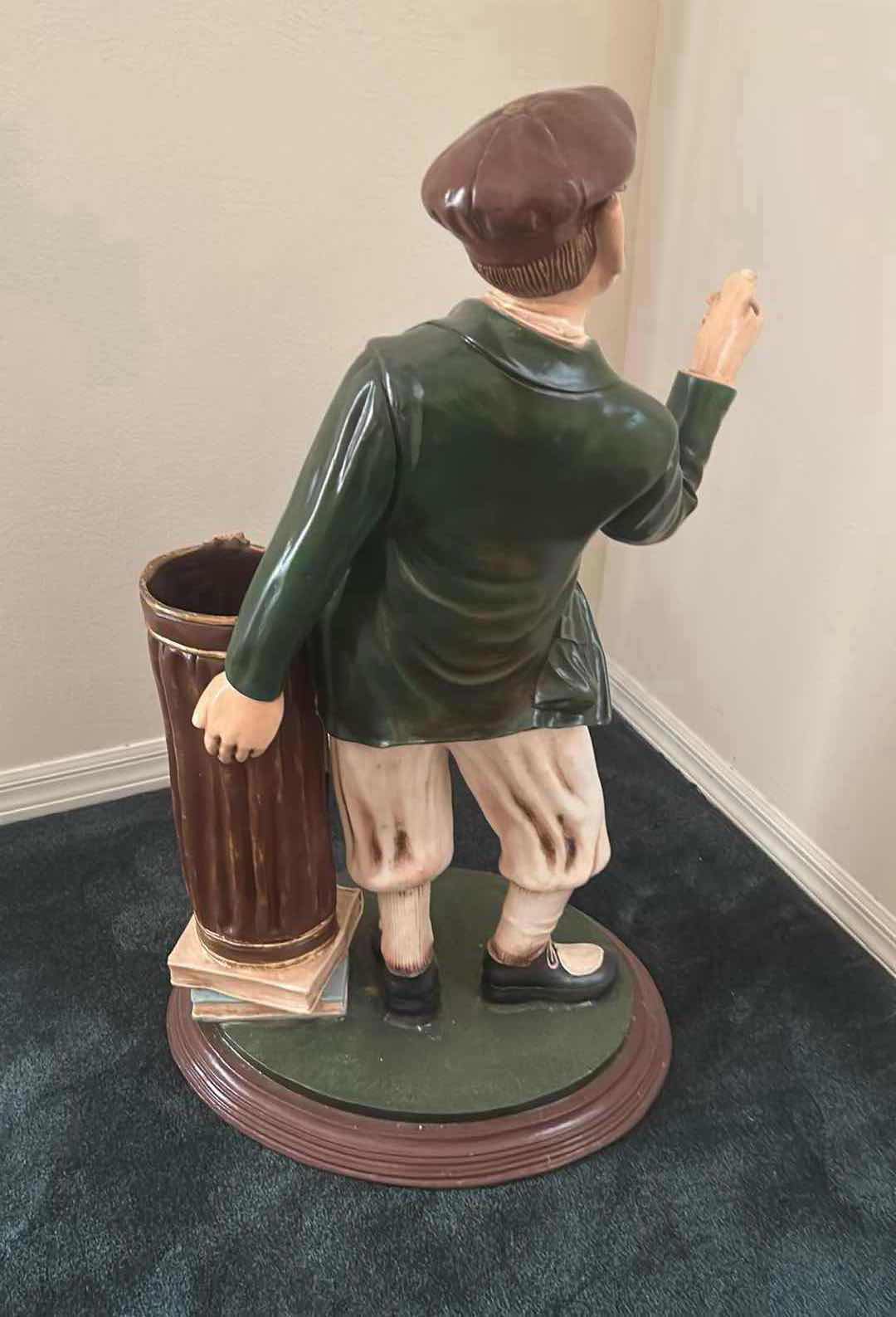 Photo 1 of VINTAGE "RAINY DAY GOLFER" RESIN UMBRELLA STAND SCULPTED BY PETER MOOK H 37" $300