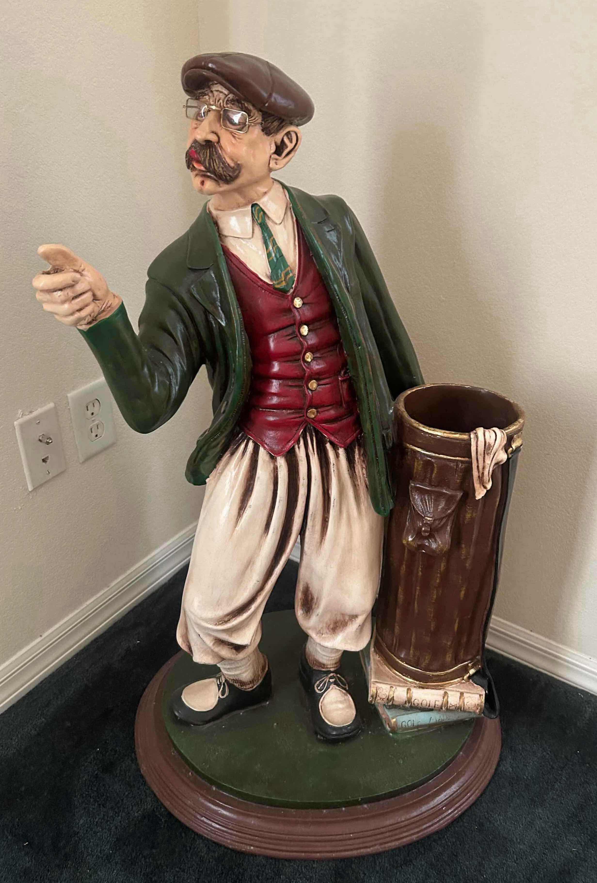 Photo 1 of VINTAGE "RAINY DAY GOLFER" RESIN UMBRELLA STAND SCULPTED BY PETER MOOK H 37" $300